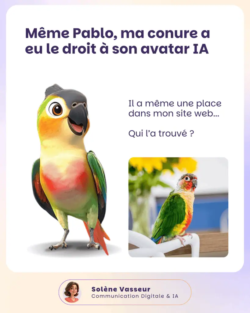 animal avatar ia mascotte 3D perruche solene vasseur